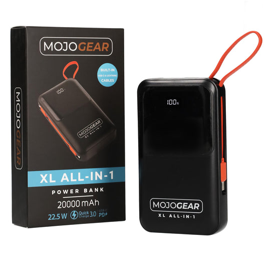 MOJOGEAR XL ALL-IN-1 Powerbank 20.000 mAh met ingebouwde Lightning en USB-C kabels - Powerbanks