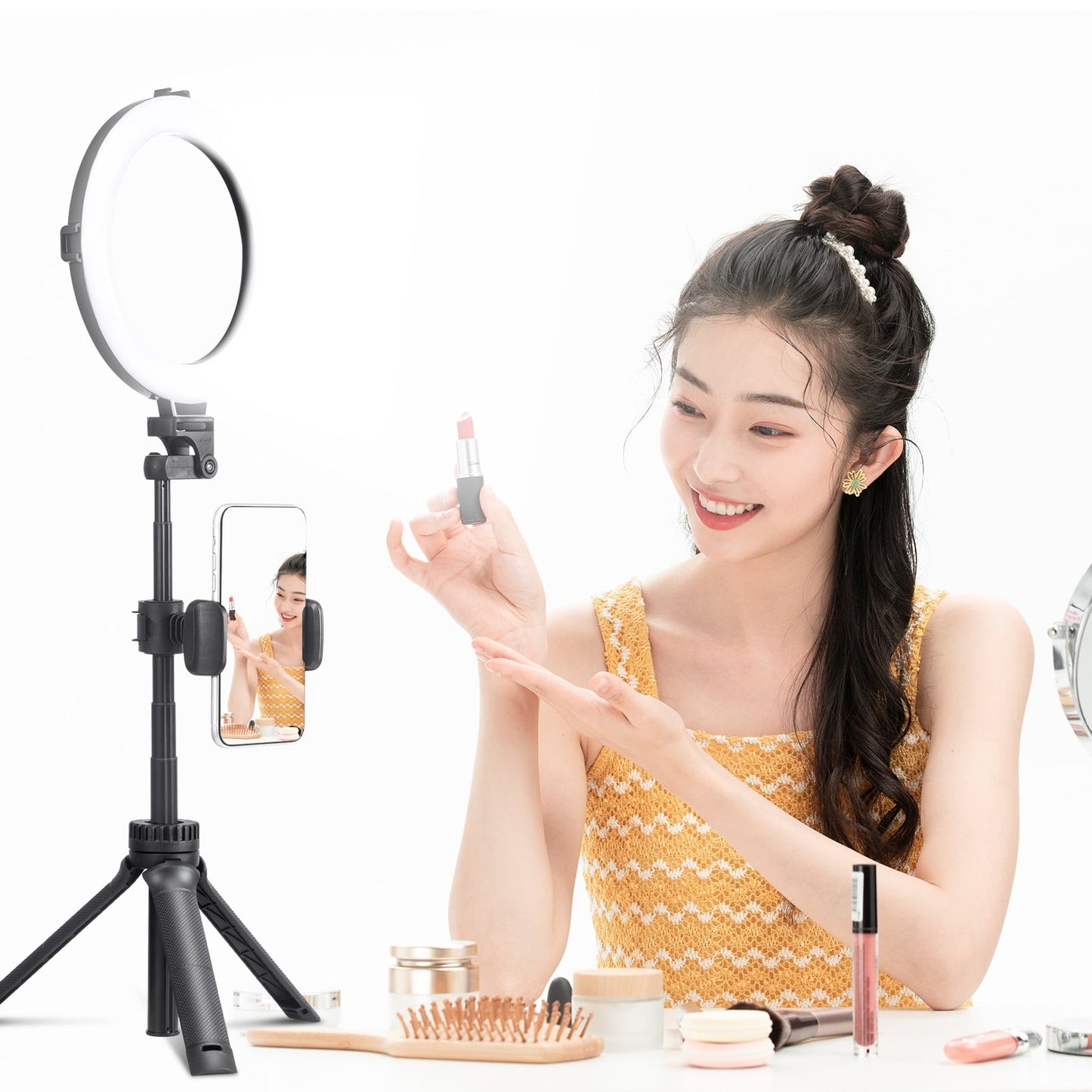 Lampe annulaire VIJIM avec trépied, support de téléphone et télécommande Bluetooth - Ringlampen