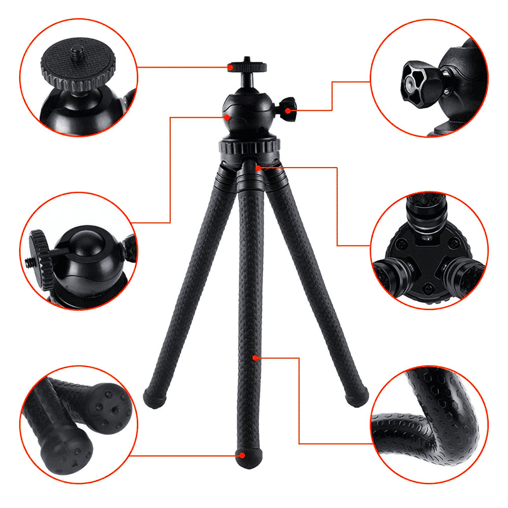 Flexibel statief met extra stevige poten KIT: incl. telefoonhouder, bluetooth remote, GoPro-adapter & opbergzakje - Flexibele statieven