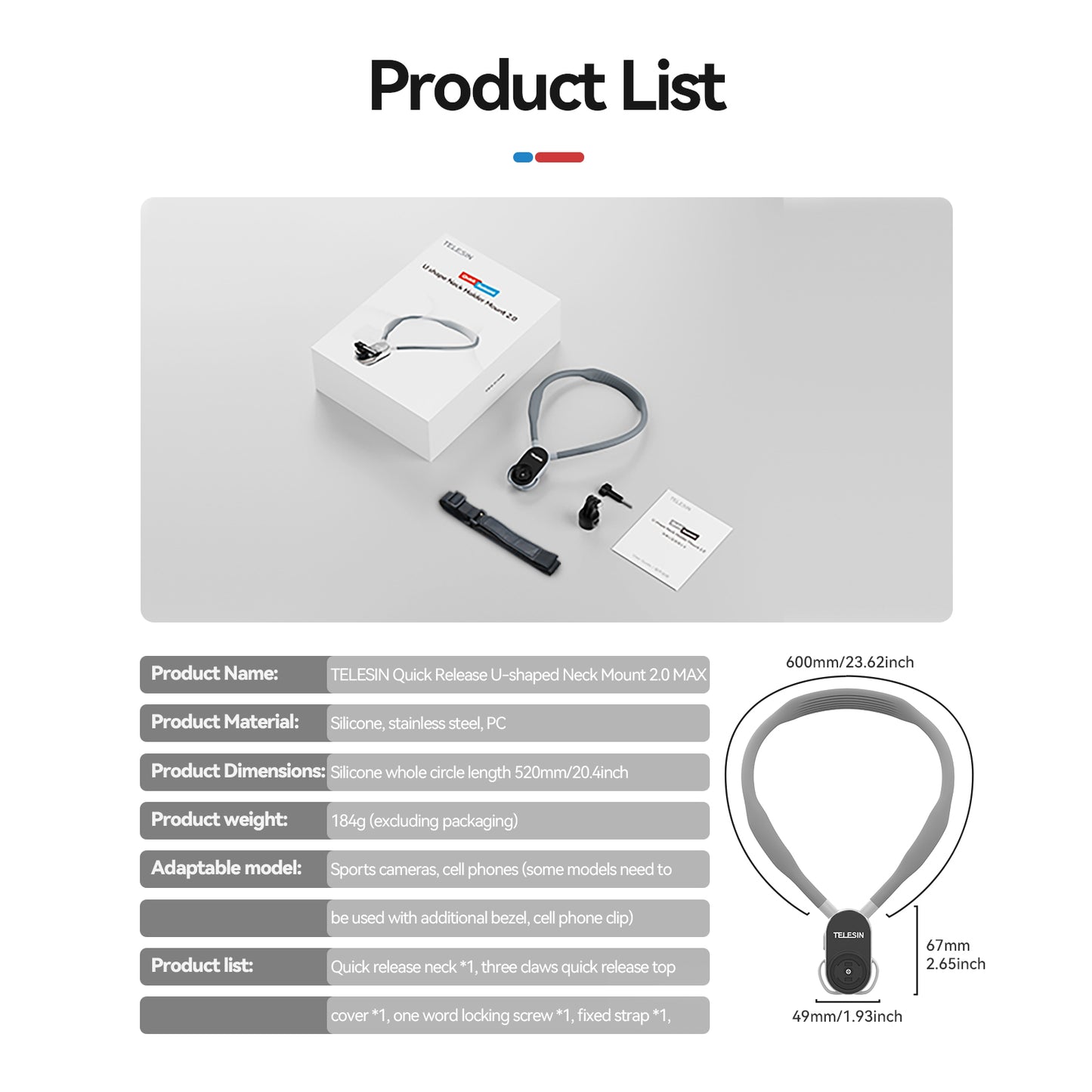 Telesin Nackenhalterung mit Schnellverschluss für GoPro - Extra Groß