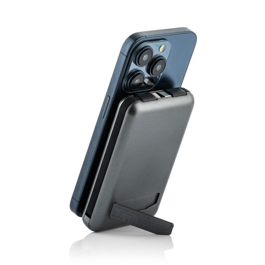 MOJOGEAR NovaMag All-in-1 Powerbank 10.000 mAh – Draadloos Qi2 & ingebouwde kabels – Grijs - Powerbanks