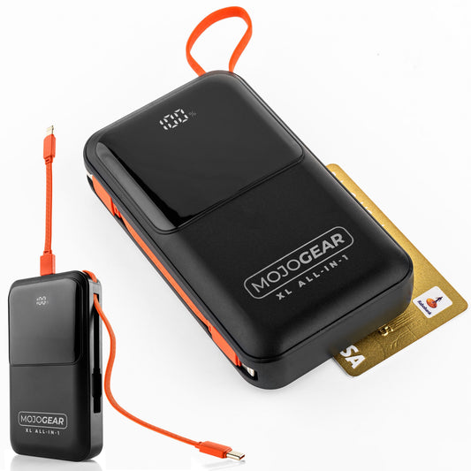 MOJOGEAR XL All-in-1 Powerbank 20.000 mAh mit integrierten Lightning- und USB-C-Kabeln