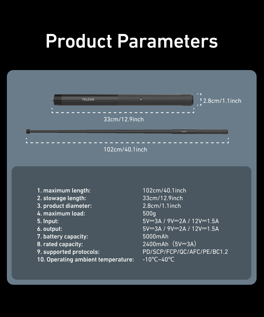 Telesin Power Selfie Stick met ingebouwde powerbank - 102cm - Selfiesticks