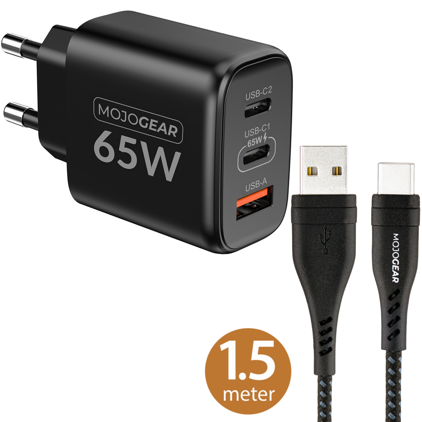MOJOGEAR CHARGE+ 65W snellader met USB naar USB-C kabel 1,5 meter - Opladers