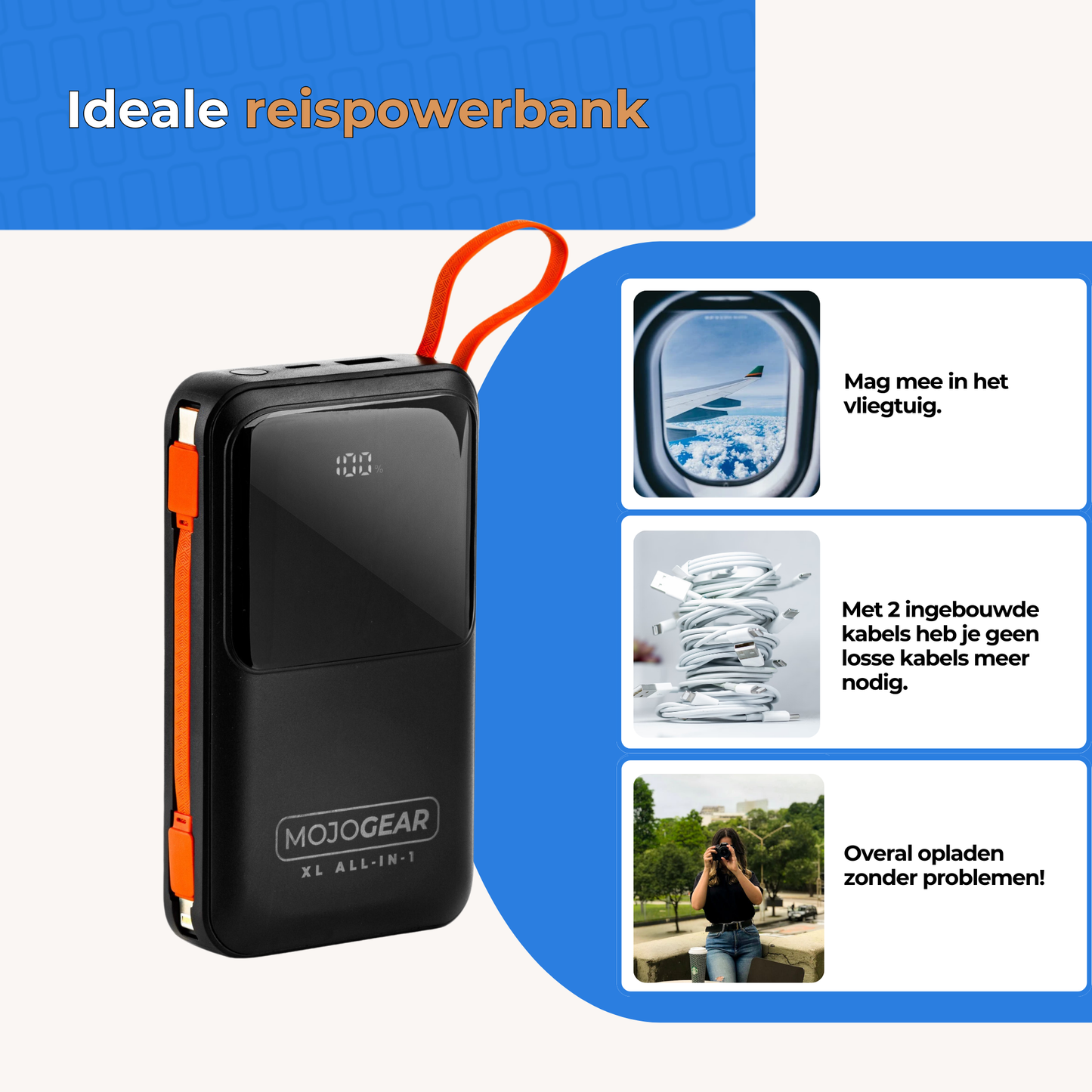 MOJOGEAR XL ALL-IN-1 Powerbank 20.000 mAh met ingebouwde Lightning en USB-C kabels - Powerbanks