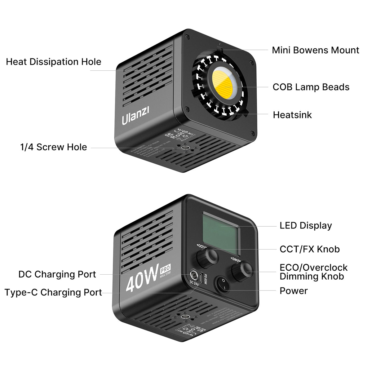 Ulanzi 40W PRO COB-Lampe, zweifarbig, mit eingebautem Akku