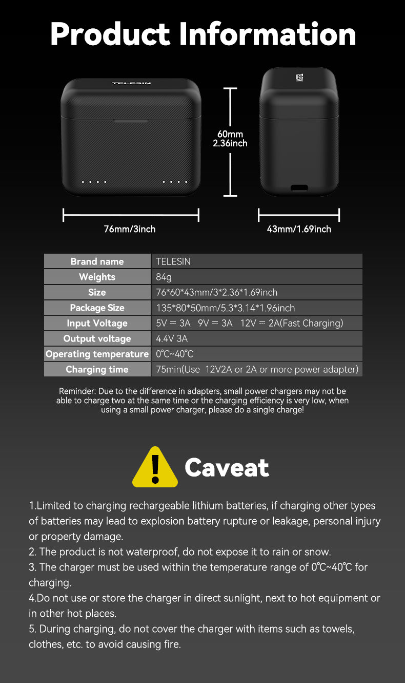 Telesin Ladebox für Insta360 X4 Akkus (2 Steckplätze)