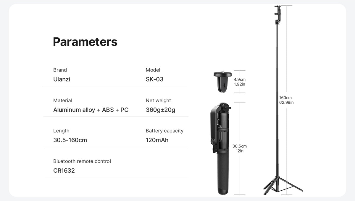 Ulanzi SK-03 Selfie Stick Statief 160 cm met klem en Bluetooth remote - Selfiesticks