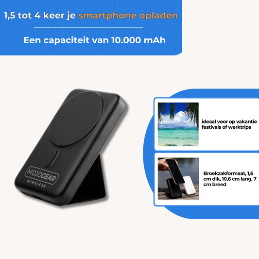 Batterie externe sans fil MOJOGEAR MagSafe 10 000 mAh - Magnétique et sans fil pour Android et iPhone - Avec support de bureau - Noir - Powerbanks