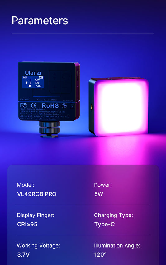 Ulanzi VL49 Pro Mini RGB videolamp - Cameralampen
