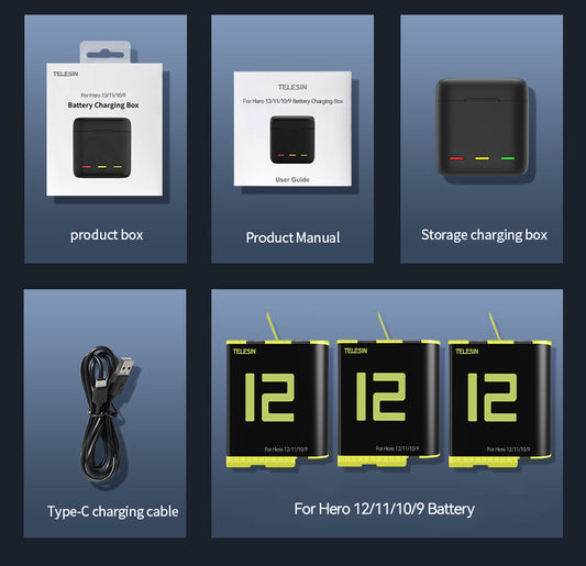 Telesin Oplaadbox met 3 batterijen voor GoPro 9/ 10 / 11 / 12 - GoPro Accu's en opladers