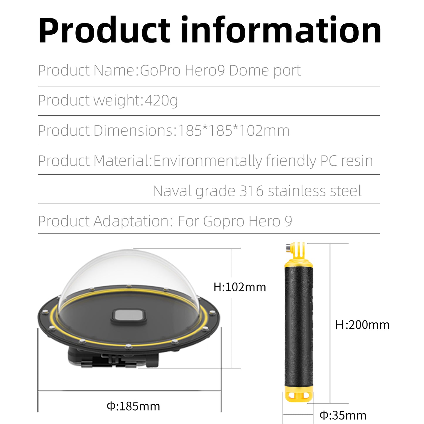 Telesin Waterdichte Dome behuizing voor GoPro Hero 9,10,11 en 12 - GoPro Onderwater-accessoires