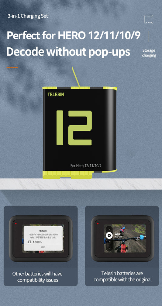 Telesin Oplaadbox met 3 batterijen voor GoPro 9/ 10 / 11 / 12 - GoPro Accu's en opladers