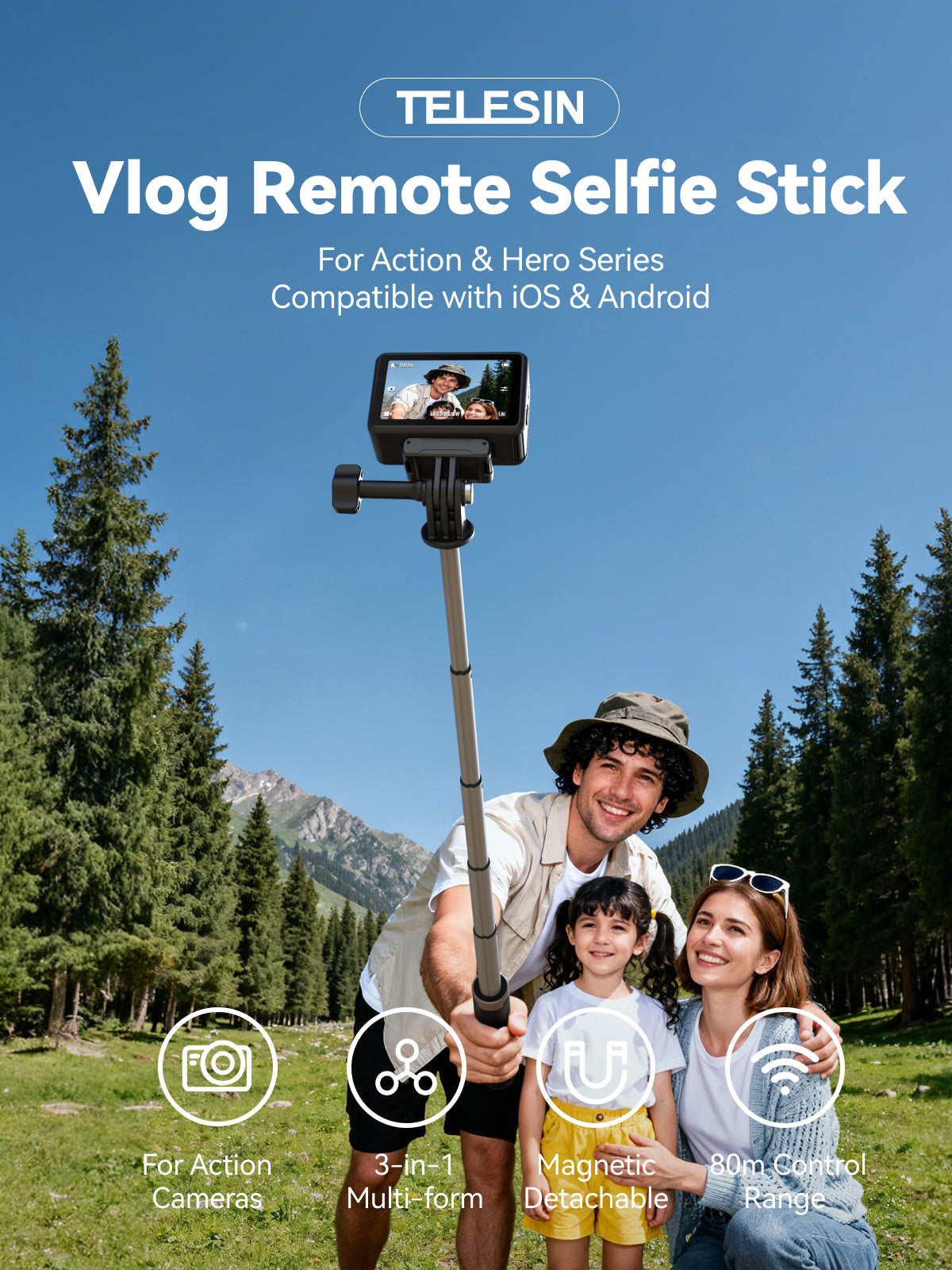 Telesin Vlog Selfie-Stick für GoPro, DJI und Smartphone – mit Bluetooth-Fernbedienung