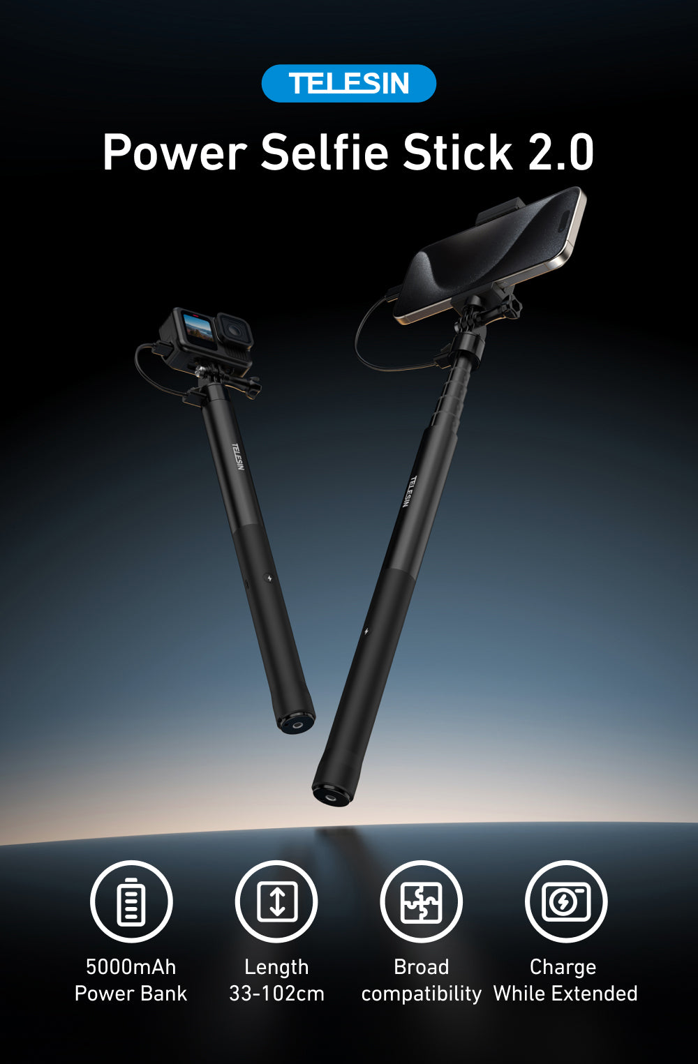 Telesin Power Selfie Stick met ingebouwde powerbank - 102cm - Selfiesticks