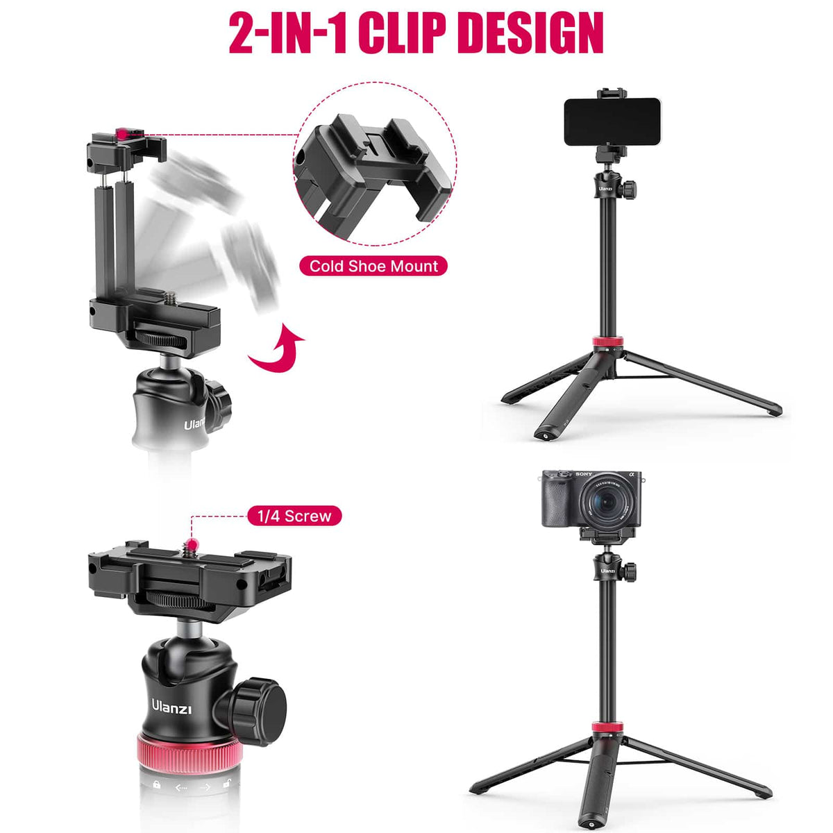 Ulanzi MT-44 Selfiestick Statief voor telefoon en camera - 146cm - Zwart - Selfiesticks