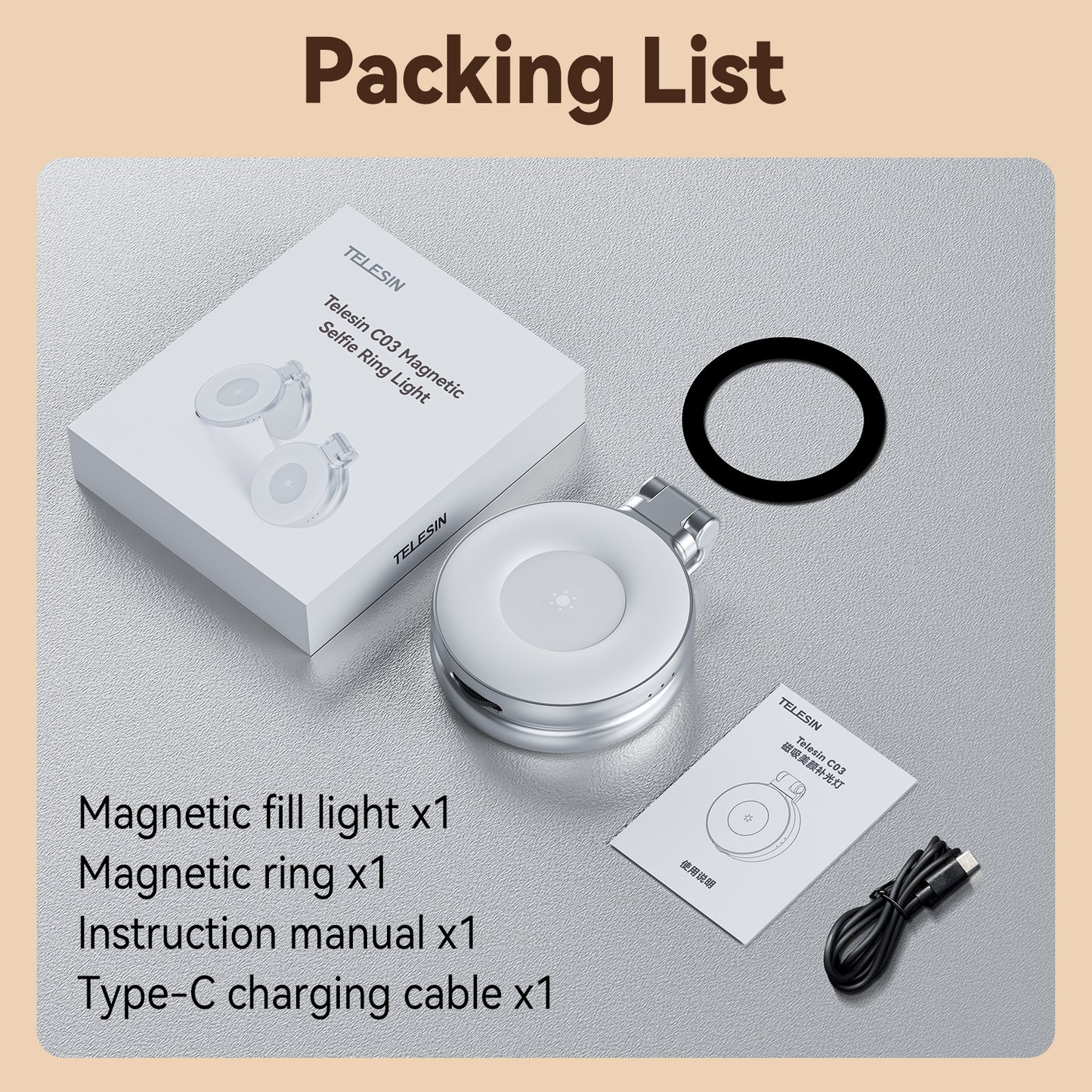 Telesin C03 MagSafe Selfie-Leuchte mit Spiegel – Silber