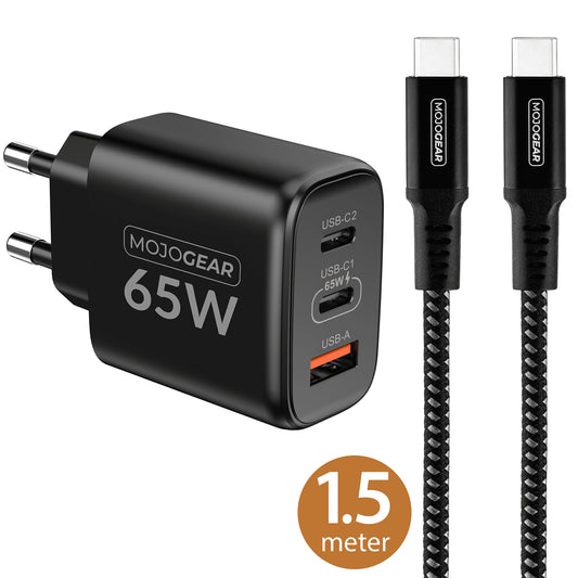 MOJOGEAR CHARGE+ Combo: 65W oplader met USB-C kabel 1,5 meter - Opladers