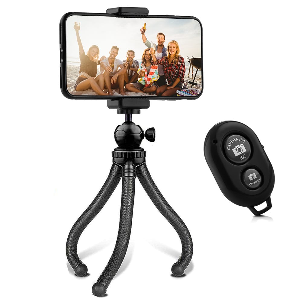 Flexibel statief met extra stevige poten KIT: incl. telefoonhouder, bluetooth remote, GoPro-adapter & opbergzakje - Flexibele statieven