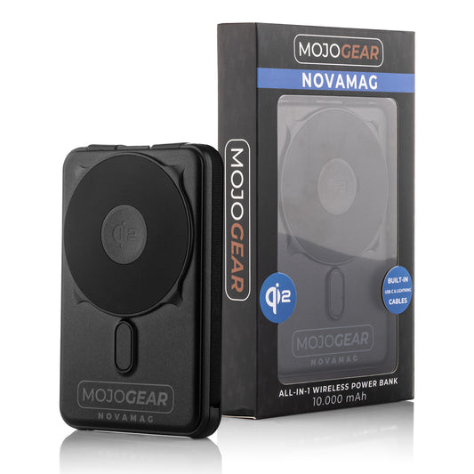 MOJOGEAR NovaMag All-in-1 Powerbank 10.000 mAh – Draadloos Qi2 & ingebouwde kabels – Zwart - Powerbanks
