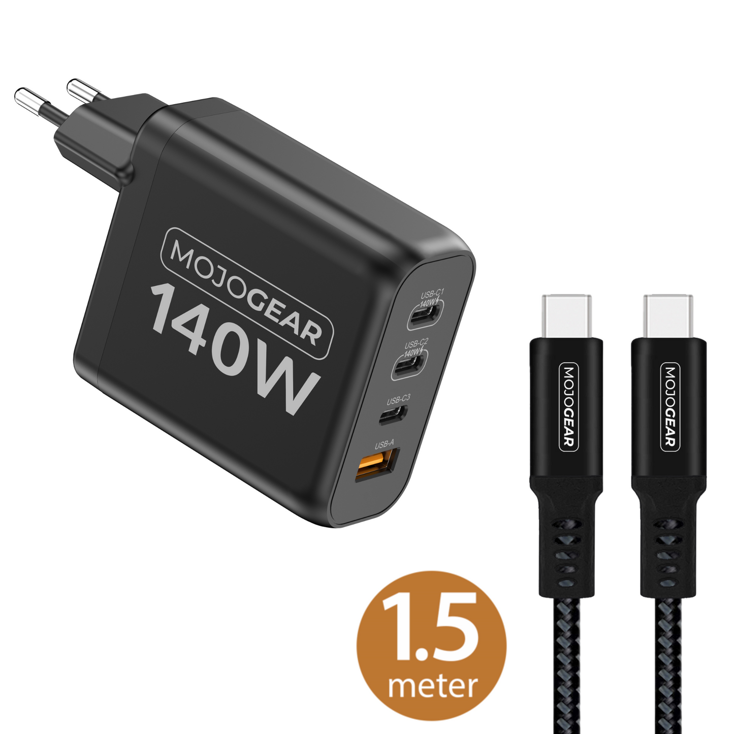MOJOGEAR CHARGE+ 140 Watt oplader met USB-C naar USB-C kabel 1,5 meter - Opladers