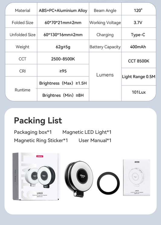 Ulanzi LM19 MagSafe magnetische ringlamp - Ringlampen