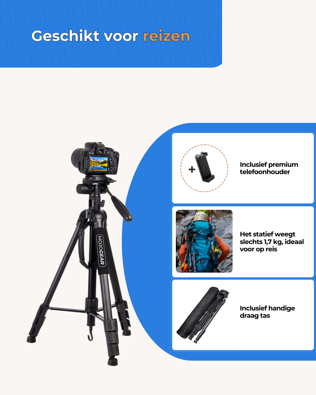 MOJOGEAR 179cm 3-in-1 camera & telefoon statief: driepoot, monopod & horizontale arm - Grote statieven