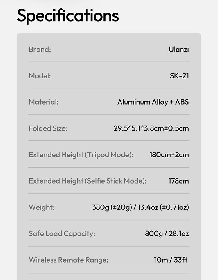 Ulanzi SK-21 Selfie Stick Statief 180 cm met MagSafe, Bluetooth remote & Auto-open - Statieven en toebehoren