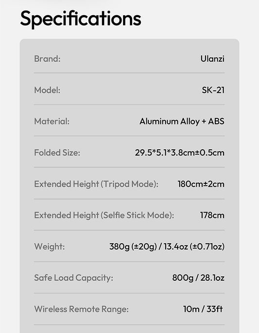 Ulanzi SK-21 Selfie Stick Statief 180 cm met MagSafe, Bluetooth remote & Auto-open - Statieven en toebehoren