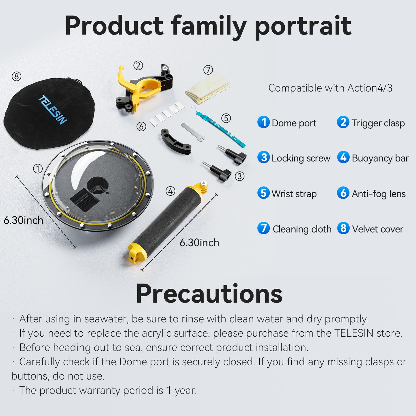 Telesin OA-DMP-001 waterdichte Dome behuizing voor DJI Osmo Action 3/4 - GoPro Onderwater-accessoires