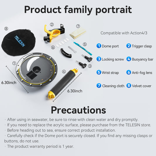 Telesin OA-DMP-001 waterdichte Dome behuizing voor DJI Osmo Action 3/4 - GoPro Onderwater-accessoires