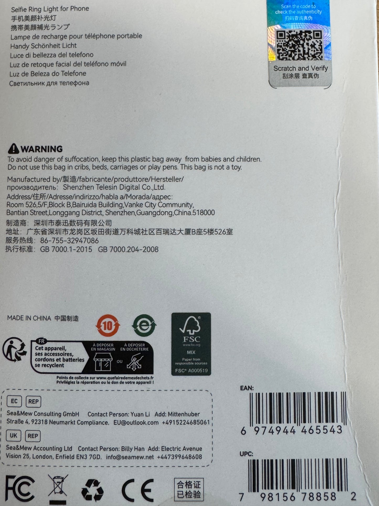 Telesin Mini Selfie-Ringlicht mit Klemme für Smartphone - Weiß