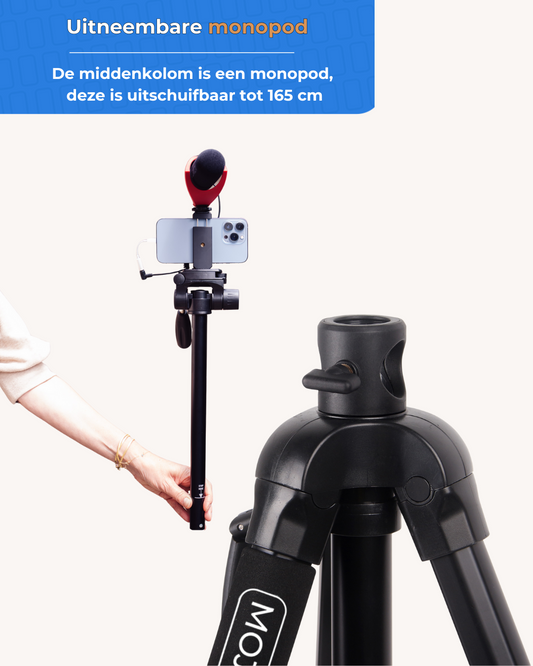 MOJOGEAR 179cm 3-in-1 camera & telefoon statief: driepoot, monopod & horizontale arm - Grote statieven