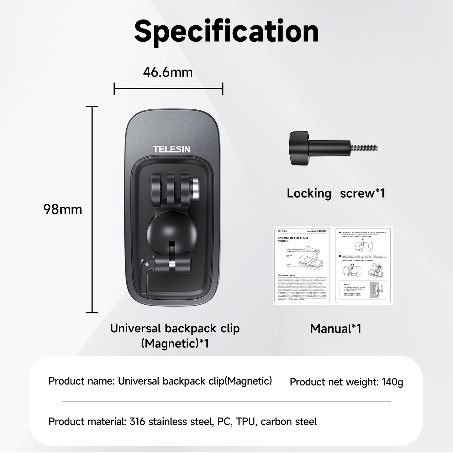 Telesin Backpack clip voor action cam - Magnetisch - Telefoonhouders