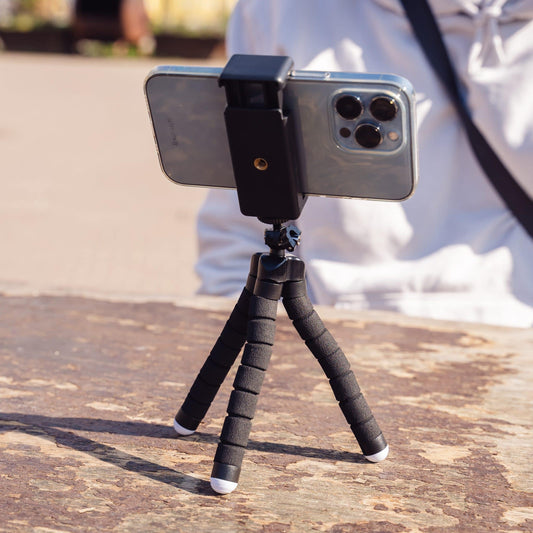 Flexibel mini-statief met schuimrubber poten KIT: incl. telefoonhouder, bluetooth remote, GoPro-adapter & opbergzakje - Flexibele statieven