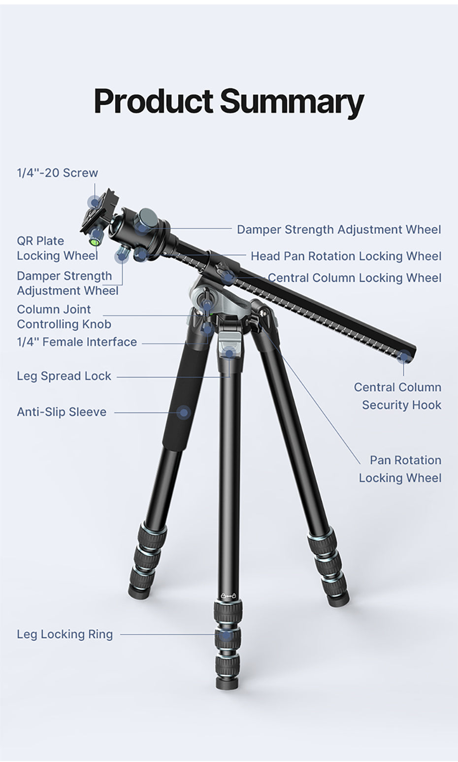 Ulanzi MT-59 Premium-Stativ mit horizontalem/neigbarem Arm – 176 cm