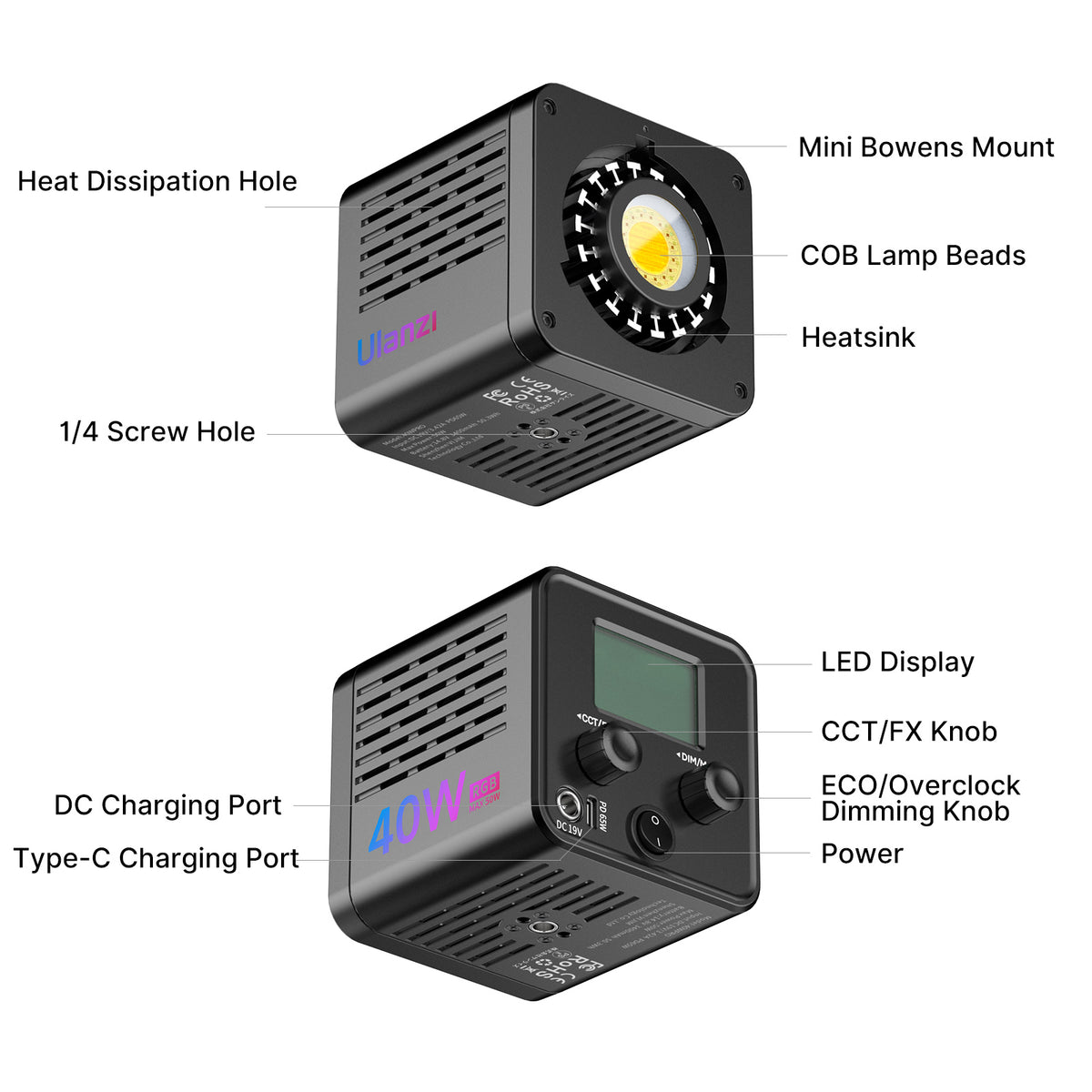 Ulanzi 40WRGB COB-Lampe RGB mit eingebautem Akku