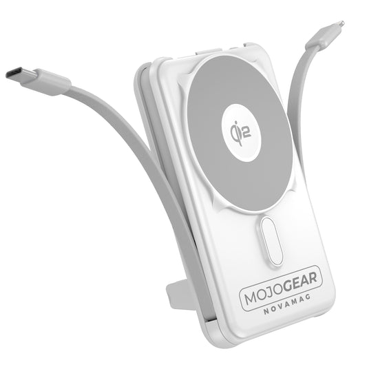 MOJOGEAR NovaMag All-in-1 Powerbank 10.000 mAh – Kabelloses Qi2 & integrierte Kabel – Weiß