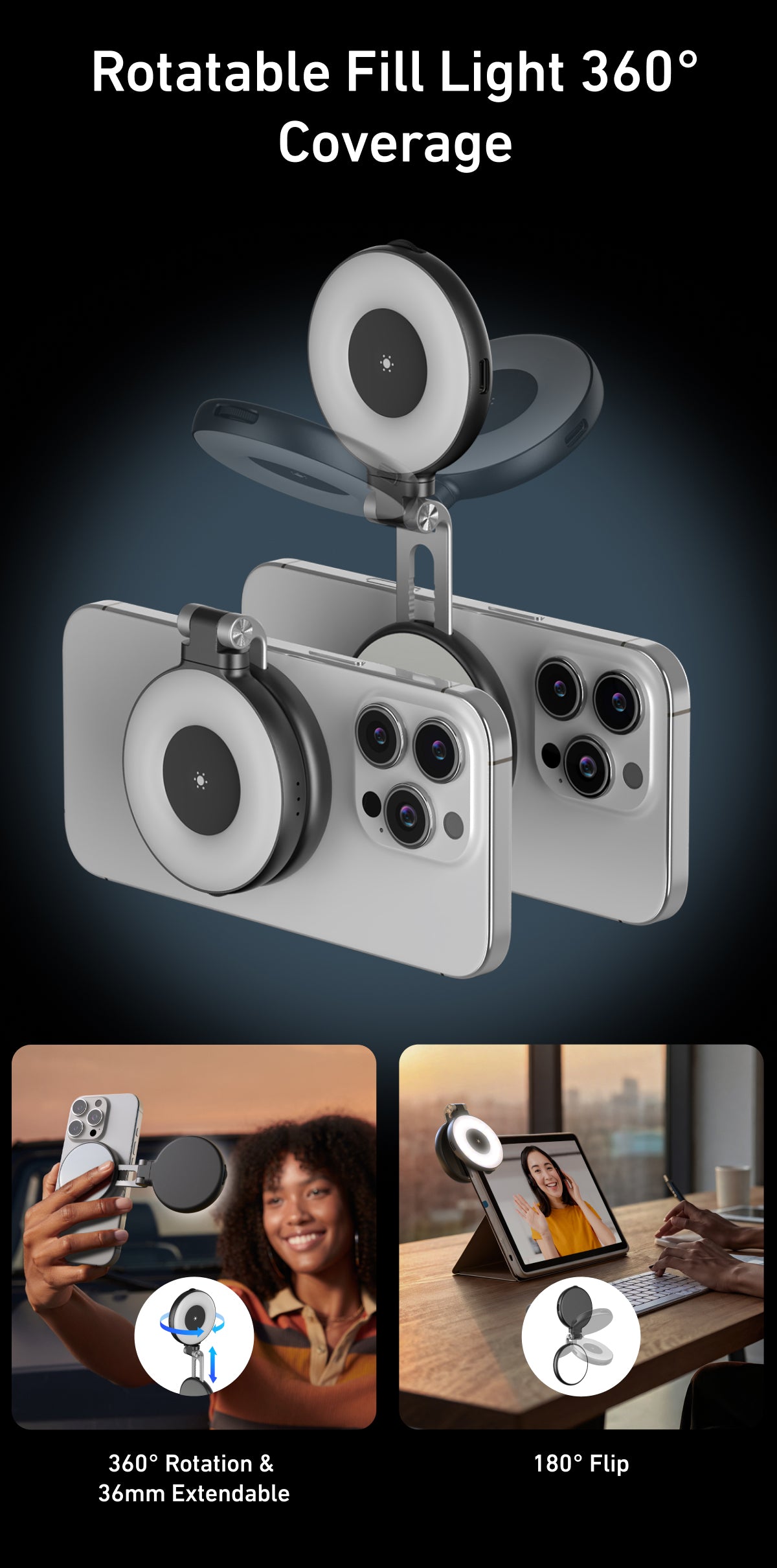 Telesin C03 drehbares MagSafe Selfie-Licht + Spiegel - Schwarz