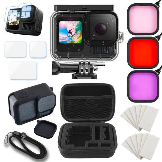MOJOGEAR Zubehörset für GoPro 13 mit wasserdichtem Gehäuse und Tauchfiltern