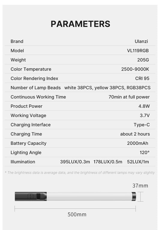 Ulanzi VL119 RGB Tube Light XL met handvat - Desktoplampen
