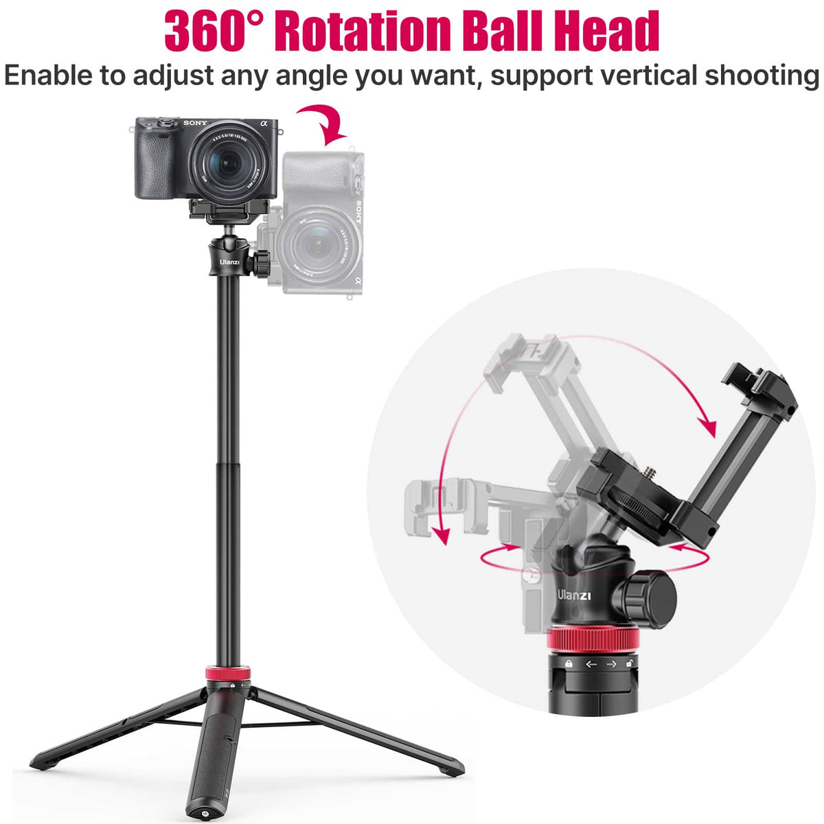 Ulanzi MT-44 Selfiestick Statief voor telefoon en camera - 146cm - Zwart - Selfiesticks