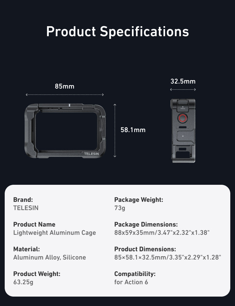 Telesin Metallkäfig für DJI Osmo Action 6 – Grau