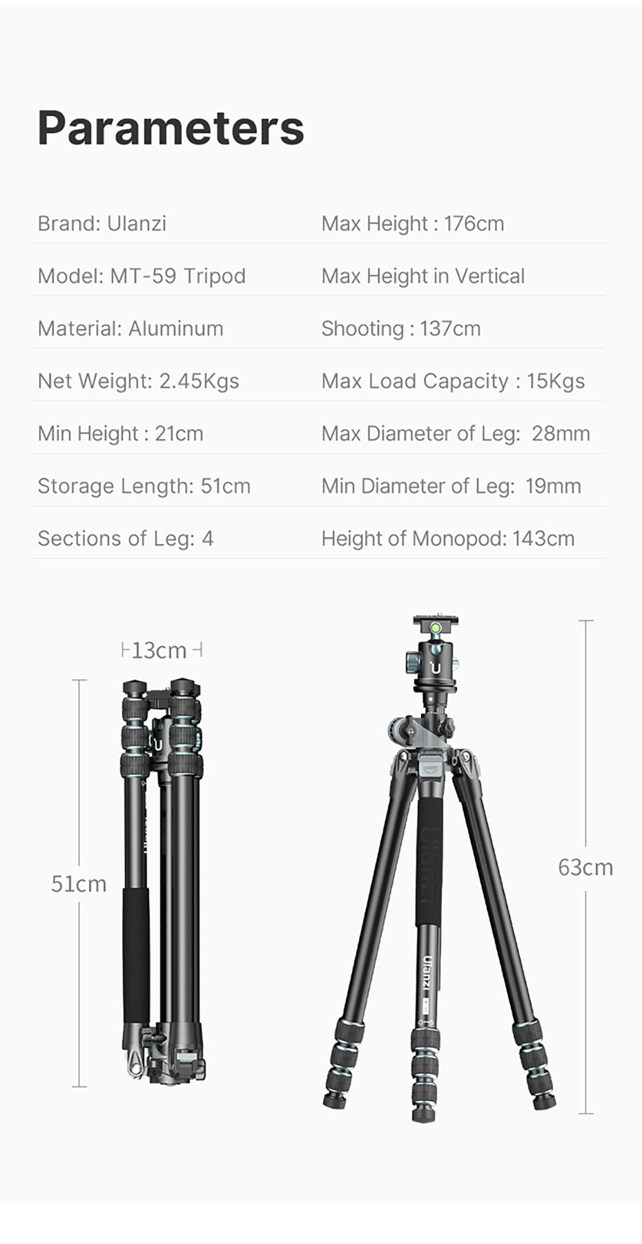 Ulanzi MT-59 Premium-Stativ mit horizontalem/neigbarem Arm – 176 cm