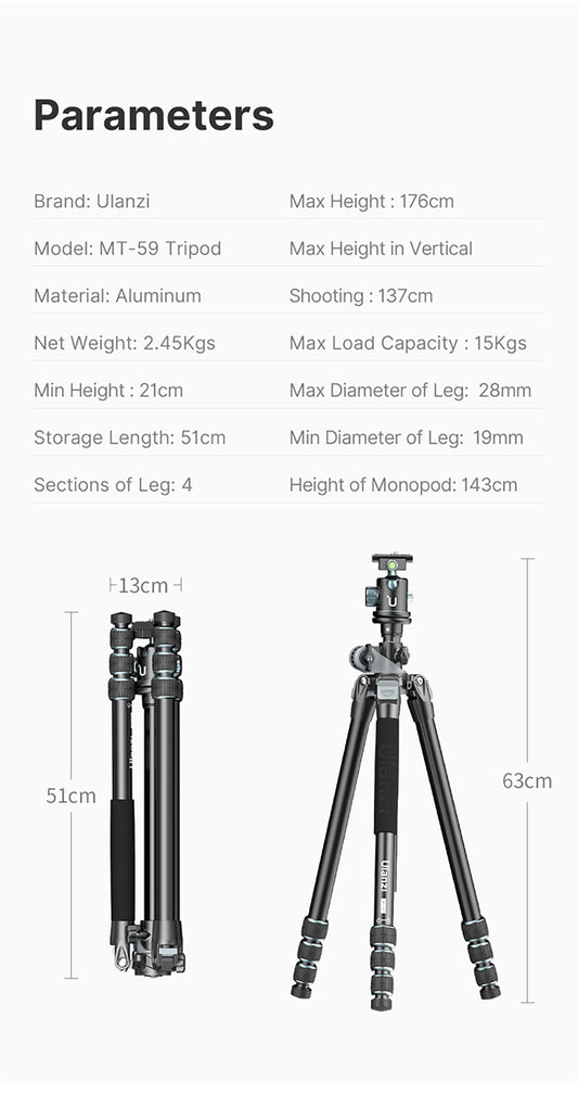 Ulanzi MT-59 premium statief met horizontale/kantelbare arm - 176cm - Grote statieven