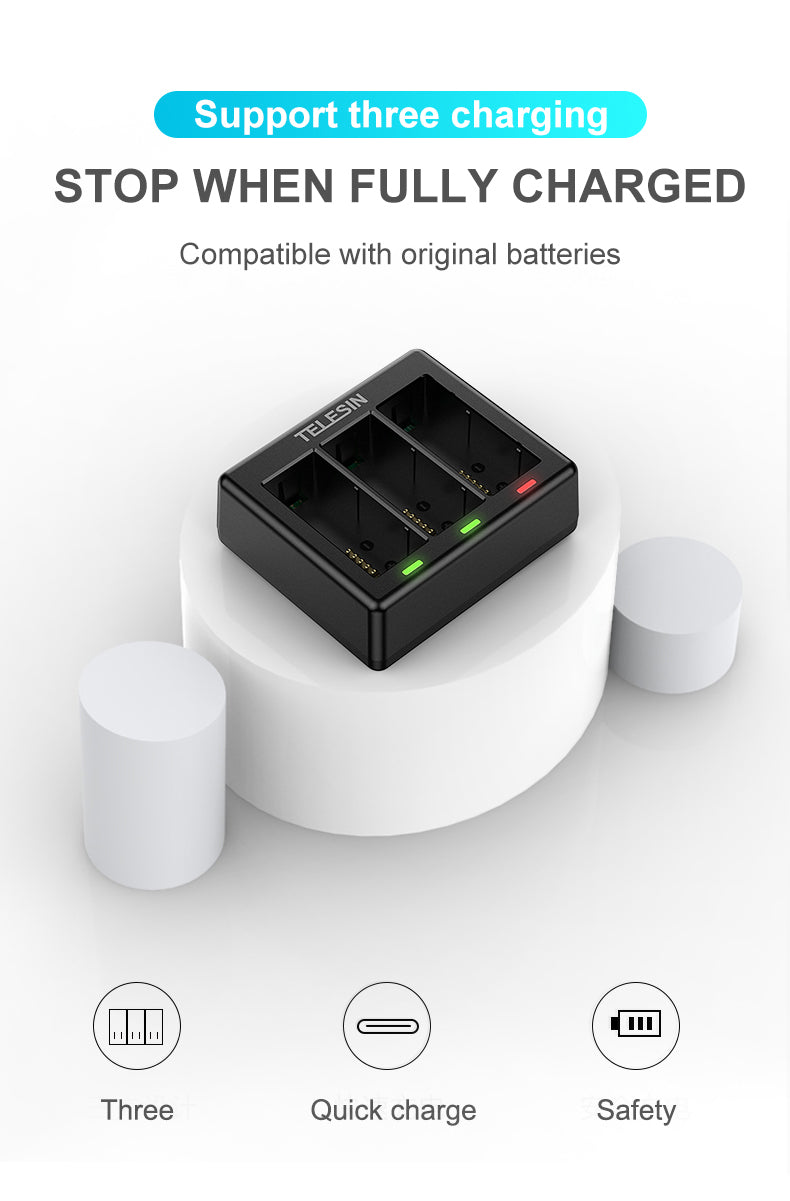 Telesin Triple batterij oplader voor 3 batterijen - GoPro Hero 13 - GoPro Accu's en opladers